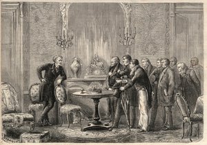 Honore de Balzacin (1799-1850) näytelmän "" Mercadet" (Le Faiseur) esitys Comedie Francaisessa. Näytös III, kohtaus VI. Kaiverrus "" L