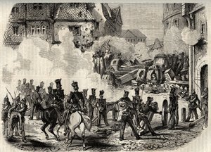 Vallankumoukset 1848 - 1849, Saksa, Frankfurt - Joukot hyökkäsivät barrikadille Frankfurtissa, Saksassa, 18. syyskuuta tekijältä Unknown artist