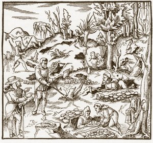 Rhabdomancy - rhabdomancie - Kaivoskentän tutkiminen ennustussauvan avulla - Miehet leikkaavat ja käyttävät ennustussauvoja mineraalien paikallistamiseen - Georgius Agricolan (Georg Bauer), Baselin teoksesta "" De re metallica" tekijältä Unknown artist