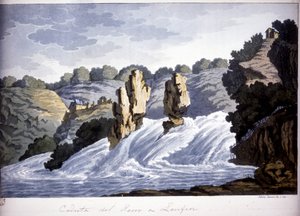 Reinin vesiputous Laufenissa, Saksassa. Kaiverrus 1800-luvun alusta. tekijältä Unknown artist