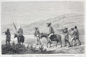 Richard Francis Burton, brittiläinen tutkimusmatkailija (1821-1890) ja hänen toverinsa Afrikassa. Piirros, joka havainnollistaa artikkelia "" Kapteeni Burtonin matka Afrikan suurille järville 1857-59" - "" Tour du Monde -julkaisussa", 2. lukukausi. 1860 tekijältä Unknown artist