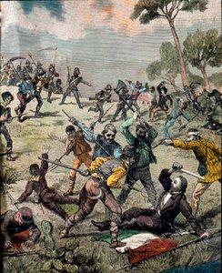 Risorgimento: "" italialainen vallankumouksellinen Carlo Pisacane (1818-1857) joutui talonpoikien myrskyyn Saprissa 28.06.1857"" Kaiverrus yksityinen kokoelma tekijältä Unknown artist