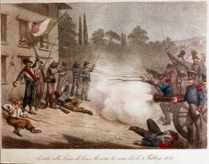 Risorgimento: Francois IV de Modenen (Francesco IV di Modena) sotilaat hyökkäsivät Ciro Menottin taloon 3.2.1831 yöllä. Litografian yksityinen kokoelma tekijältä Unknown artist