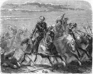 Robert Landsknechtsistä vie poikansa ruumiin sveitsiläisiltä. Kaiverrus 1800-luvulta. tekijältä Unknown artist