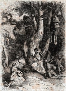 Roland ja ja luolan seitsemän rikaa - kaiverrus vuodelta 1851 Ludovico Ariostosta "" Furious Roland"" (Orlando furioso) (1500-luku), joka tunnetaan nimellä Ariosta - Tressanin kreivin italiasta kääntämä painos ja kustantaja Gustave Harvard tekijältä Unknown artist