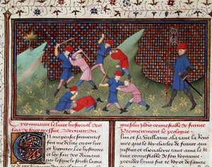 Ogier, tanskalainen Roman: taistelu kädellä ja minimailalla, joka on otettu "Bertrand du Guesclinin kronikasta" (Ms 490) 1405 Musee Conde, Chantilly tekijältä Unknown artist