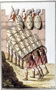Roomalaiset sotilaat (roomalainen legioona) ohjaamassa ja puolustamassa itseään kilpeillään. Kaiverrus 1800-luvun alusta tekijältä Unknown artist