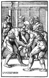 Roomalaiset painijat - elokuvassa "Hieronymi Mercurialis de Arte Gymnastica", Venetsian painos tekijältä Unknown artist