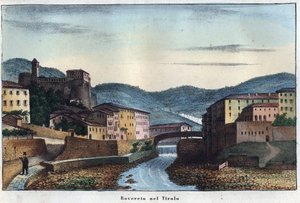 Rovereton kaupunki Trentinossa Pohjois-Italiassa - 1800-luku - kaiverrus kirjasta "Kaikkeuden kaikkien kansojen tapoja ja perinteitä". Se on kaikkien kansojen hallituksen, lakien, miliisin, uskonnon historiaa kaukaisimmista ajoista n päiviin asti. tekijältä Unknown artist