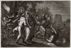 Royaumont Raamattu, Uusi testamentti: Jeesuksen Kristuksen pidätys tai Juudaksen suudelma. Sotilaat tulevat pidättämään Kristuksen Öljypuutarhaan. Pyhä Pietari leikkaa pois yhden heistä korvan. Kuvitus vuodelta 1811. tekijältä Unknown artist