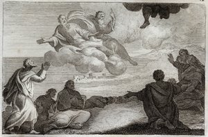 Royaumont Raamattu, Uusi testamentti: Jeesuksen Kristuksen taivaaseenastuminen. Kristus otetaan taivaasta ja siunataan Apotereita ennen kuin hän katoaa pilveen. Kuvitus vuodelta 1811. tekijältä Unknown artist