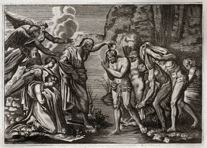 Royaumont Raamattu, Uusi testamentti: Jeesuksen Kristuksen kaste. Pyhä Johannes Kastaja kastaa Jeesusta Jordan-joen vesissä. Kuvitus vuodelta 1811. tekijältä Unknown artist