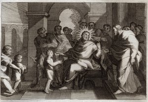 Royaumont Bible, Uusi testamentti: Lapsellinen nöyryyden malli. Jeesus Kristus ehdottaa opetuslapsilleen lasta nöyrän kristityn esikuvaksi. Kuvitus vuodelta 1811. tekijältä Unknown artist