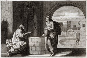 Royaumont Raamattu, Uusi testamentti: Kristus ja samarialainen kaivolla. Jeesus Kristus käännyttää samarialaisen naisen. Kuvitus vuodelta 1811. tekijältä Unknown artist
