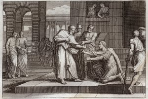 Royaumont Bible, Uusi testamentti: Cornelius kastaa. Crow sadanpäällikkö saa uskon Jeesukseen Kristukseen, ja Pyhä Pietari kastaa hänet. Kuvitus vuodelta 1811. tekijältä Unknown artist
