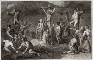 Royaumont Raamattu, Uusi testamentti: Jeesuksen Kristuksen ristiinnaulitseminen. Neitsyt Maria, Pyhä Maria Magdaleena ja Pyhä Johannes ristin juurella, pyhä Longin sadanpäämies (Saint Longinus) keihään kanssa, sotilaat soittavat Kristuksen tunikkaa. Sivuil tekijältä Unknown artist