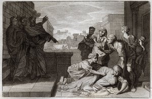 Royaumont Raamattu, Uusi testamentti: Ananian ja hänen vaimonsa Saphiren kuolema ennen Pyhää Pietaria ja Pyhää Johannesta. Kuvitus vuodelta 1811. tekijältä Unknown artist