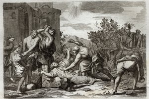 Royaumont Bible, Uusi testamentti: Pyhän Stefanuksen, ensimmäisen kristityn marttyyri, kuolema kivittämällä. Kuvitus vuodelta 1811. tekijältä Unknown artist