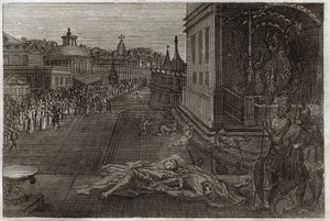 Royaumont Bible, Uusi testamentti: Kahden profeetan kuolema. Pyhän Johanneksen näky kahdesta kuolleesta profeetasta, jotka sitten nousivat kuolleista. Ilmestyskirjan seitsemäs trumpetti. Kuvitus vuodelta 1811. tekijältä Unknown artist