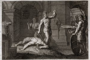 Royaumont Bible, Uusi testamentti: Pyhän Johannes Kastajan dekolaatio. Yksi laittaa päänsä tasangolle. Kuvitus vuodelta 1811. tekijältä Unknown artist