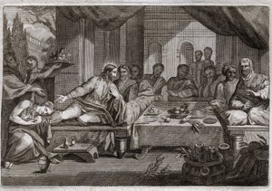 Royaumont Bible, Uusi testamentti: Illallinen Simon fariseuksen luona. Maria Magdaleena meni itkemään Jeesuksen Kristuksen jalkojen juureen Simon fariseuksen luo ja sai syntinsä anteeksi. Hän voitelee Kristuksen jalat voideella ja pyyhkii ne hiuksillaan. I tekijältä Unknown artist