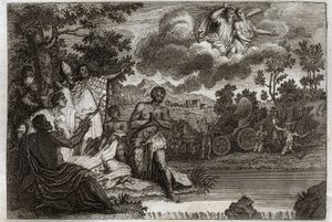 Royaumont Bible, Uusi testamentti: Eunukki kastaa. Pyhä Philip Deacon ilmoittaa uskostaan Etiopian kuningattaren eunukille ja kastaa hänet. Kuvitus vuodelta 1811. tekijältä Unknown artist