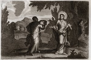 Royaumont Raamattu, Uusi testamentti: Jeesus Kristus autiomaassa. Jeesus ajetaan erämaahan. Hän oli nuori neljäkymmentä päivää ja neljäkymmentä yötä. Häntä kiusaa demoni, joka kutsuu häntä muuttamaan kivet leiviksi. Kuvitus vuodelta 1811. tekijältä Unknown artist