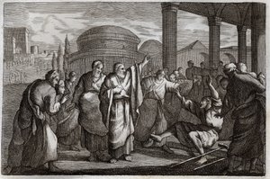 Royaumont Bible, Uusi testamentti: Lame gueri. Pyhä Paavali soturi ontuvan ja pidättää kansan, joka halusi uhrata hänelle kuin jumalalle. Kuvitus vuodelta 1811. tekijältä Unknown artist