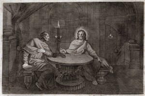 Royaumont Bible, Uusi testamentti: Nikodema tulee etsimään Jeesusta Kristusta yöllä. Kuvitus vuodelta 1811. tekijältä Unknown artist