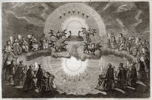 Royaumont Bible, Uusi testamentti: Avoin taivas. Trooni ilmestyy leijonan, härän, miehen ja kotkan (tetramorfin) ja seitsemän lampun ympäröimänä. Tätä näkemystä ympäröi 24 vanhaa ihmistä, jotka istuvat troonilla. Kuvitus vuodelta 1811. tekijältä Unknown artist
