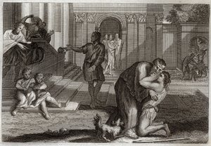 Royaumont Bible, Uusi testamentti: Vertaus tuhlaajalapsesta. Poika palaa kotiin lähdön jälkeen ja menetti kaiken omaisuutensa. Hän tulee pyytämään isältään anteeksi. Kuvitus vuodelta 1811. tekijältä Unknown artist