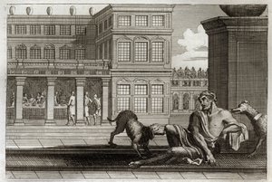 Royaumont Bible, Uusi testamentti: Vertaus pahoista rikkaista edustaa pöydän takana ja Lasarusta kerjäläistä, jonka rikkaiden koirat nuolevat haavoja. Kuvitus vuodelta 1811. tekijältä Unknown artist