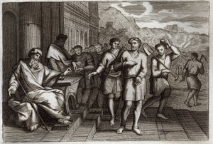 Royaumont Bible, Uusi testamentti: Vertaus viinintyöläisistä tai vertaus yhdennentoista tunnin työntekijöistä. Työläisiä, jotka perheenisä lähettää töihin viinitarhaansa. Kuvitus vuodelta 1811. tekijältä Unknown artist