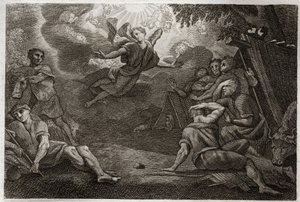 Royaumont Raamattu, Uusi testamentti: Pastorit päiväkodissa. Enkeli ilmoittaa paimenille Jeesuksen Kristuksen syntymästä (Ilmoitus paimenille). Kuvitus vuodelta 1811. tekijältä Unknown artist
