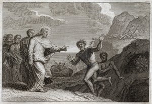Royaumont Bible, Uusi testamentti: Possede gueri. Jeesus Kristus paransi posseden, jonka demoni raivostui. Kuvitus vuodelta 1811. tekijältä Unknown artist