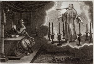 Royaumont Bible, Uusi testamentti: Pyhän Johanneksen ilmestykset Ilmestyskirjassa. Jeesus Kristus ilmestyy Pyhässä Johanneksessa seitsemän kultaisen kynttilänjalan välissä, seitsemän tähteä oikeassa kädessään ja miekka lähtevän suusta. Kuvitus vuodelta 181 tekijältä Unknown artist
