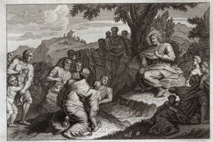 Royaumont Raamattu, Uusi testamentti: Saarna vuorella. Jeesus Kristus valitsee opetuslapsistaan kaksitoista Apoteria ja pitää heidän ja suuren kansan edessä saarnan, jota yleensä kutsutaan vuorisaarnaksi. Kuvitus vuodelta 1811. tekijältä Unknown artist