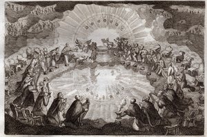 Royaumont Bible, Uusi testamentti: Karitsan avaaman kirjan seitsemän sinettiä. Kaksikymmentäneljä vanhinta kumartuvat valtaistuimen eteen leijonan, härän, miehen ja kotkan (tetramorfin) ja seitsemän lampun ympäröimänä. Kuvitus vuodelta 1811. tekijältä Unknown artist