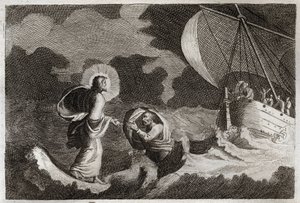 Royaumont Bible, Uusi testamentti: Pyhä Pietari kävelee veden päällä. Jeesus Kristus kävelee merellä ja saa pyhän Pietarin kävelemään siellä. Kuvitus vuodelta 1811. tekijältä Unknown artist