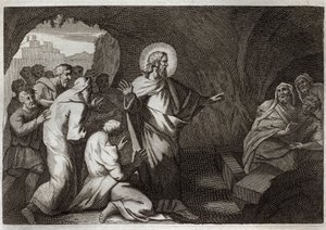 Royaumont Bible, Uusi testamentti: Lasaruksen ylösnousemus Jeesuksen Kristuksen toimesta. Kuvitus vuodelta 1811. tekijältä Unknown artist