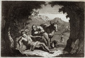 Royaumont Raamattu, Uusi testamentti: Vertaus laupiaasta samarialaisesta. Samarialainen pysähtyi matkallaan pelastamaan hädässä olevaa miestä. Kuvitus vuodelta 1811. tekijältä Unknown artist