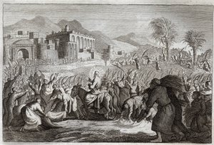 Royaumont Bible, Uusi testamentti: Jeesuksen Kristuksen voitto. Jeesuksen sisäänkäynti Jerusalemiin. Kuvitus vuodelta 1811. tekijältä Unknown artist