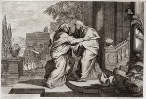 Royaumont Raamattu, Uusi testamentti: Vierailu. Siunattu Neitsyt Maria vierailee serkkunsa Elisabethin luona. Kuvitus vuodelta 1811. tekijältä Unknown artist