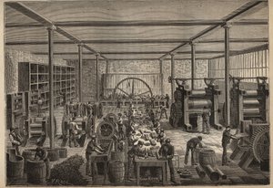 Kumi: kumitehdas. Kaiverrus vuodelta 1885 kirjassa "Les arts et metiers illustres", kirjoittanut Adolphe BITARD. tekijältä Unknown artist