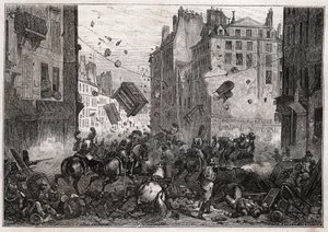 Rue Saint-Antoine Trois-Glorieuses-aikana (heinäkuu 1830) - 1830-vallankumous Barrikadin taistelussa Rue Saint-Antoinen (Saint Antoine) vuonna 1830 tekijältä Unknown artist