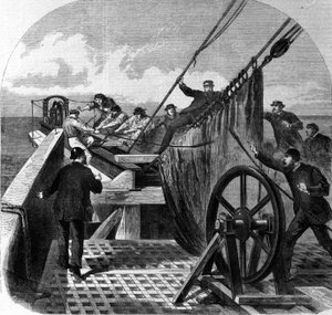 Great Eastern -laivan transatlanttisen lennätinkaapelin katkeaminen muuttui transatlanttiseksi lennätinkaapelikerrokseksi Euroopan ja Amerikan välillä, kaapelin katkeaminen vuonna 1865 tekijältä Unknown artist