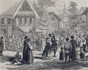 Venäjä (19. vuosisata). Juhlat kylässä. 1879 (kaiverrus) tekijältä Unknown artist