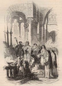 Luxemburgilaisen Saint Cunegonden (n. 975-1033/1039) purjehdus vuonna 1024, luovuttaman Paderborn Meinwerkin (n. 975-1036) eveque Kaufungenin benediktiiniluostarissa Saksassa. Kaiverrus vuodelta 1868 kirjassa "Histoire de Belgique alkeellisista ajoista tekijältä Unknown artist
