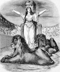 Saint Blandine, nuori kristitty orja, marttyyrikuolemassa leijonarenkaassa Lyonissa vuonna 177, kaiverrus tekijältä Unknown artist