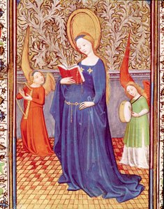 Pyhä Cecile kahden enkelimuusikon ympäröimänä Miniatyyri otettu "Portugalilaisen Edward I:n (Duarten) tunteista (1391-1438)" 1400-luvun Lissabon, Torre do Tombo tekijältä Unknown artist